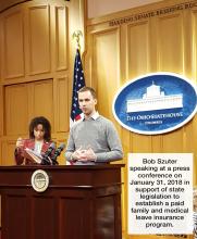 Bob Szuter speaking at a press conference on January 31, 2018 in support of state legislation to establish a paid family and medical leave insurance program.